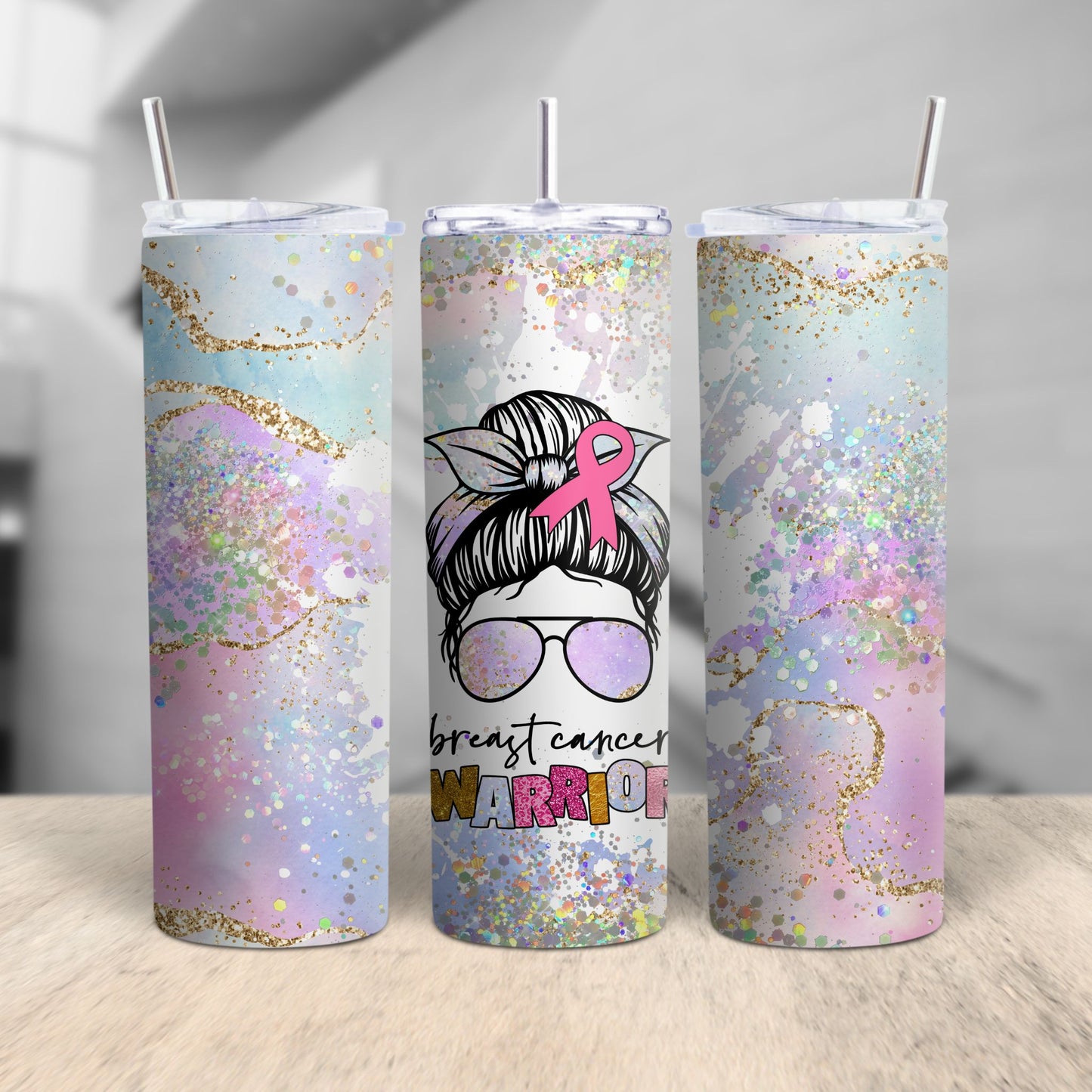 Breast Cancer Warrior Messy Bun Breast Cancer Tumbler