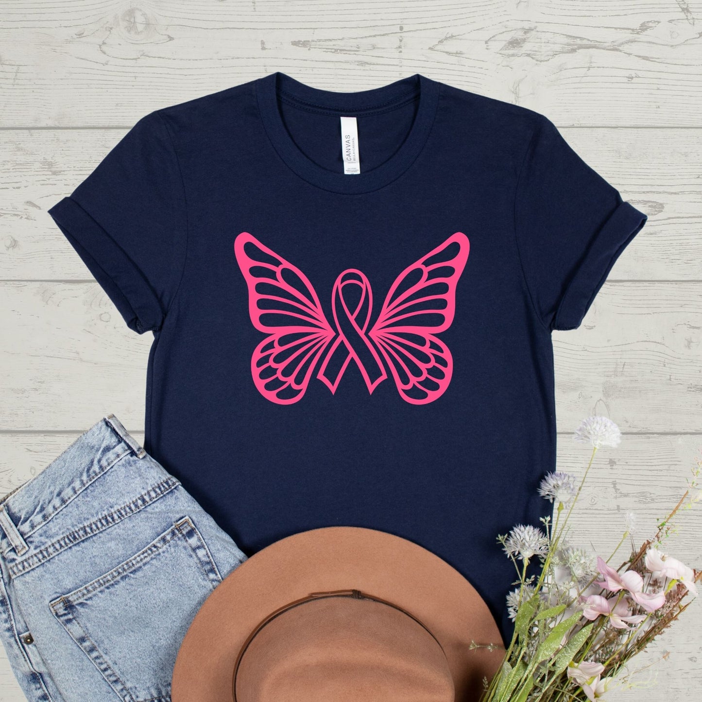 PINK RIBBON BUTTERFLY TEE-BREAST CANCER AWARENESS