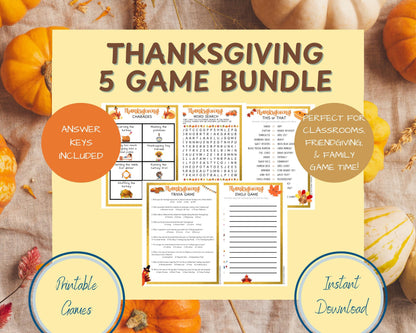 image showing printable bundle of 5 thanksgiving games, answer keys included, perfect for classrooms, friendsgiving, and family game time, instant download, games included are charades, word search, this or that, trivia game, and emoji game