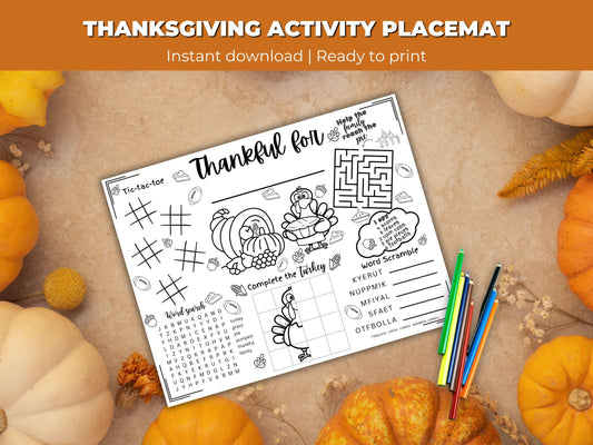 Thanksgiving Placemats | Thanksgiving Activities for Kids | Printable activities | Thanksgiving Classroom Activity Mat | Printable Kids Mat